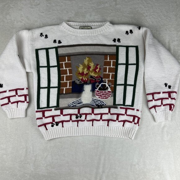 Vintage Lady Footlocker Hand Knit Cat Sweater Women’s Size Large Cozy Fireplace - Picture 1 of 6